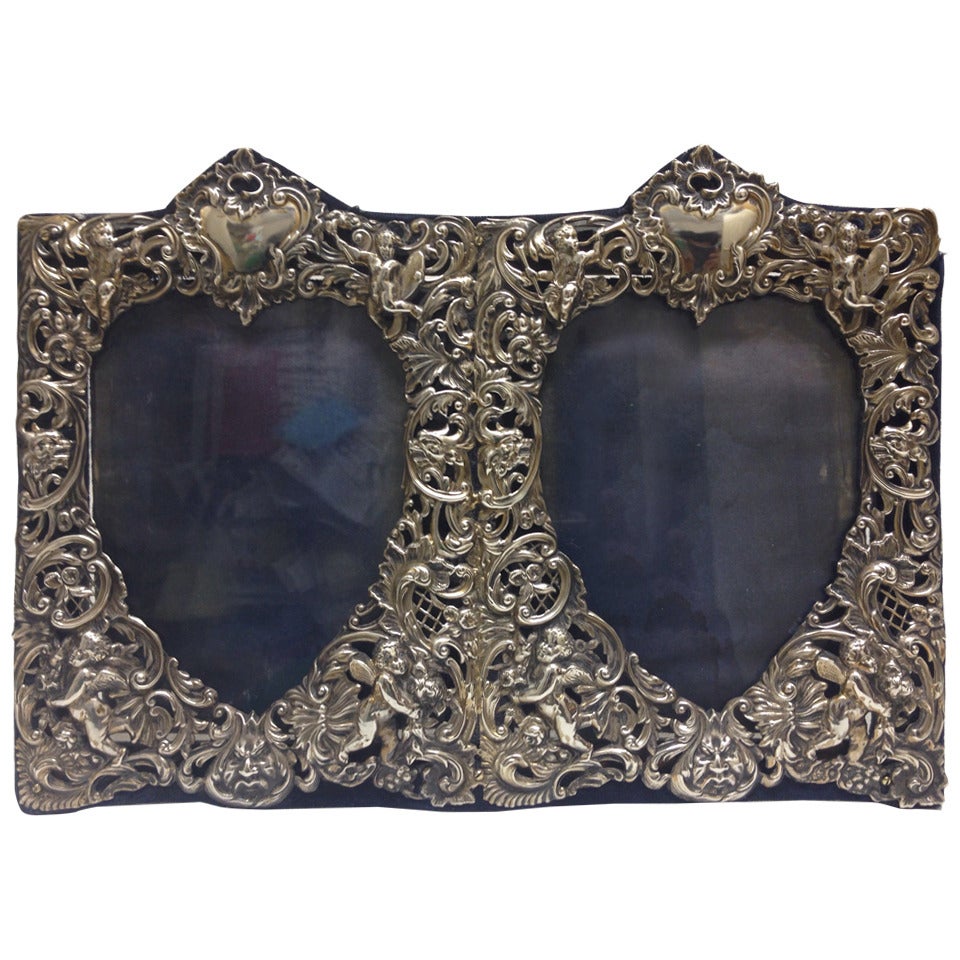 Unusual Double Heart Photo Frame English Sterling by John Cummings circa 1900