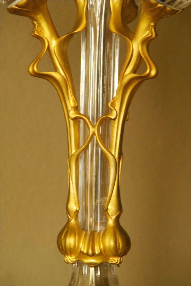 French Art Nouveau Crystal and Bronze Flora Form Table Lamp