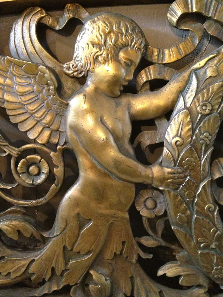 Monumental Gilt Bronze Transome, Putti Birds and Squirrels, 1907 In Excellent Condition In Redding, CA