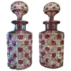 Antique Rare Pair of Large Cologne Bottles Purple Cut to Clear By Baccarat