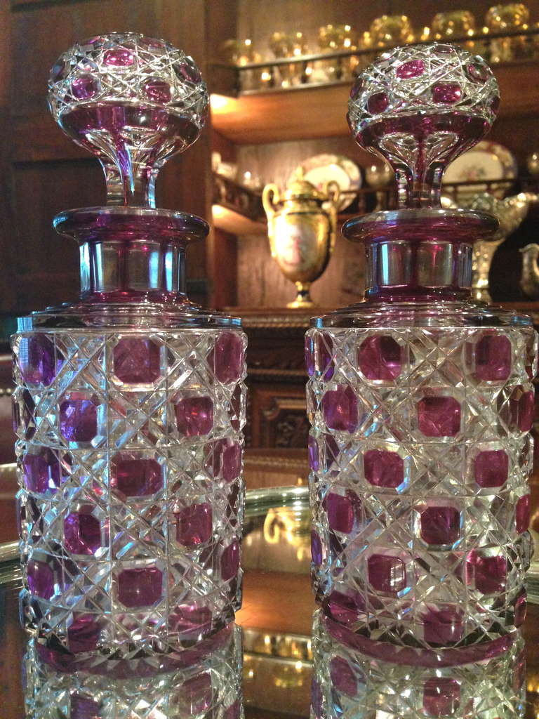 Rare Pair of Large Cologne Bottles Purple Cut to Clear By Baccarat