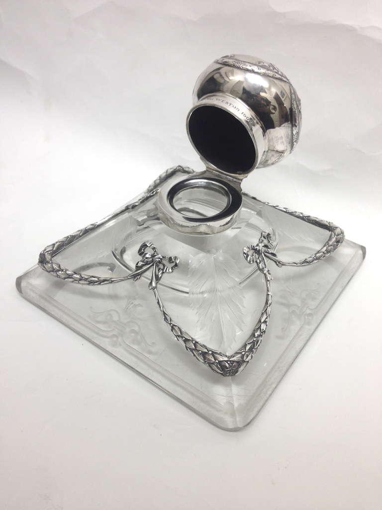 Outrageous Large French Sterling and Etched Crystal Inkstand circa 1900 4