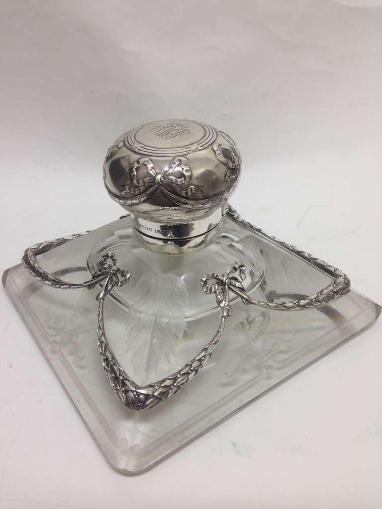 Outrageous Large French Sterling and Etched Crystal Inkstand circa 1900