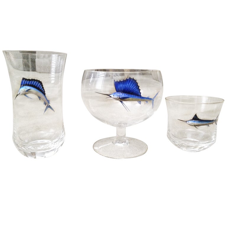 Set of Moser Bar Glass with Jumping Raised Enamel Sailfish 20th Century
