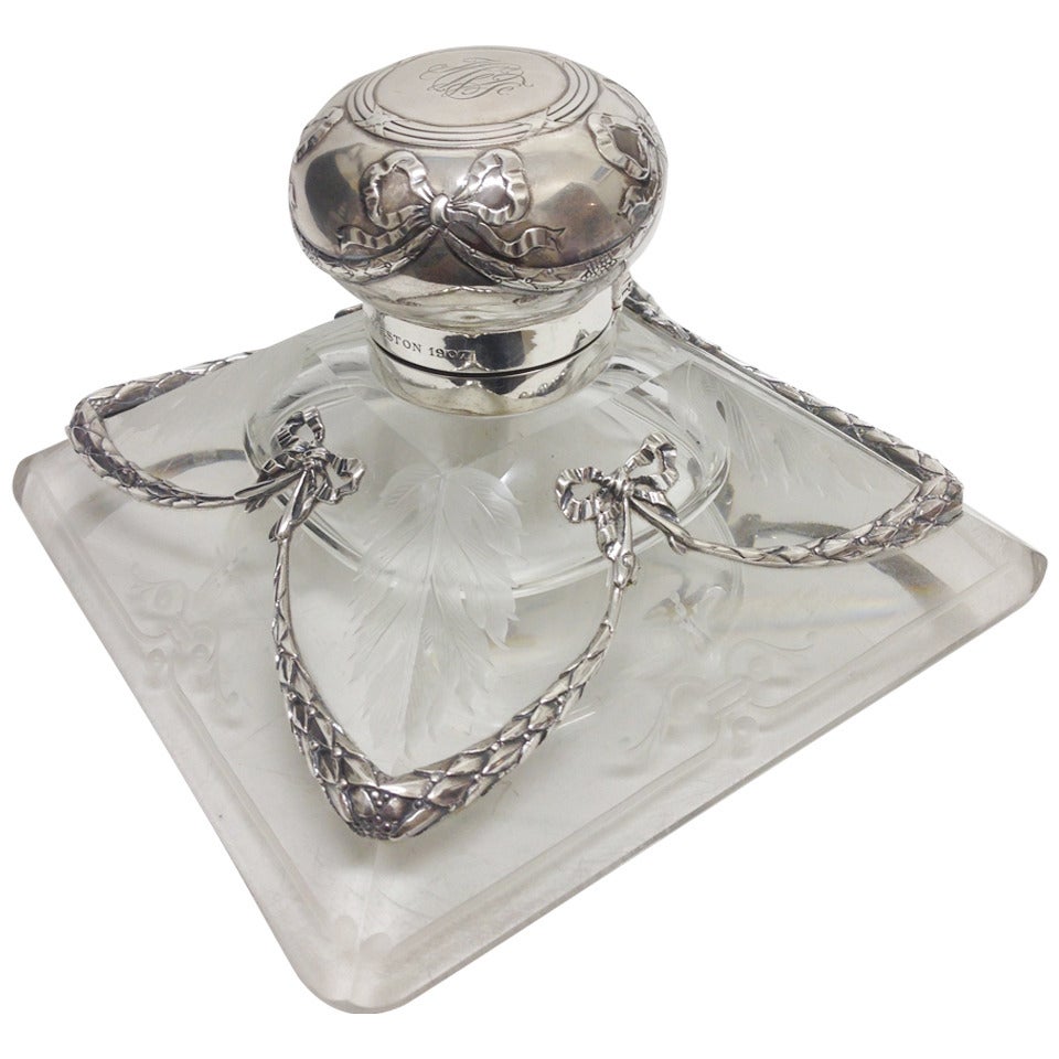 Outrageous Large French Sterling and Etched Crystal Inkstand circa 1900