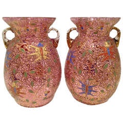 Antique Fine Pair of Moser Enameled and Gilt Glass Vases c. 1900