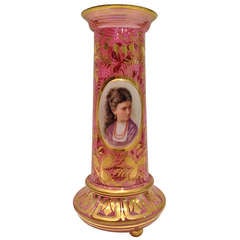 Antique Bohemian Cranberry Glass Portrait Vase Gilt Highlights ca. 1900