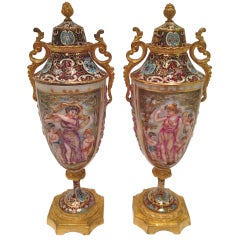 French Capodimonte Style Urns and Champleve Enamel ca. 1900