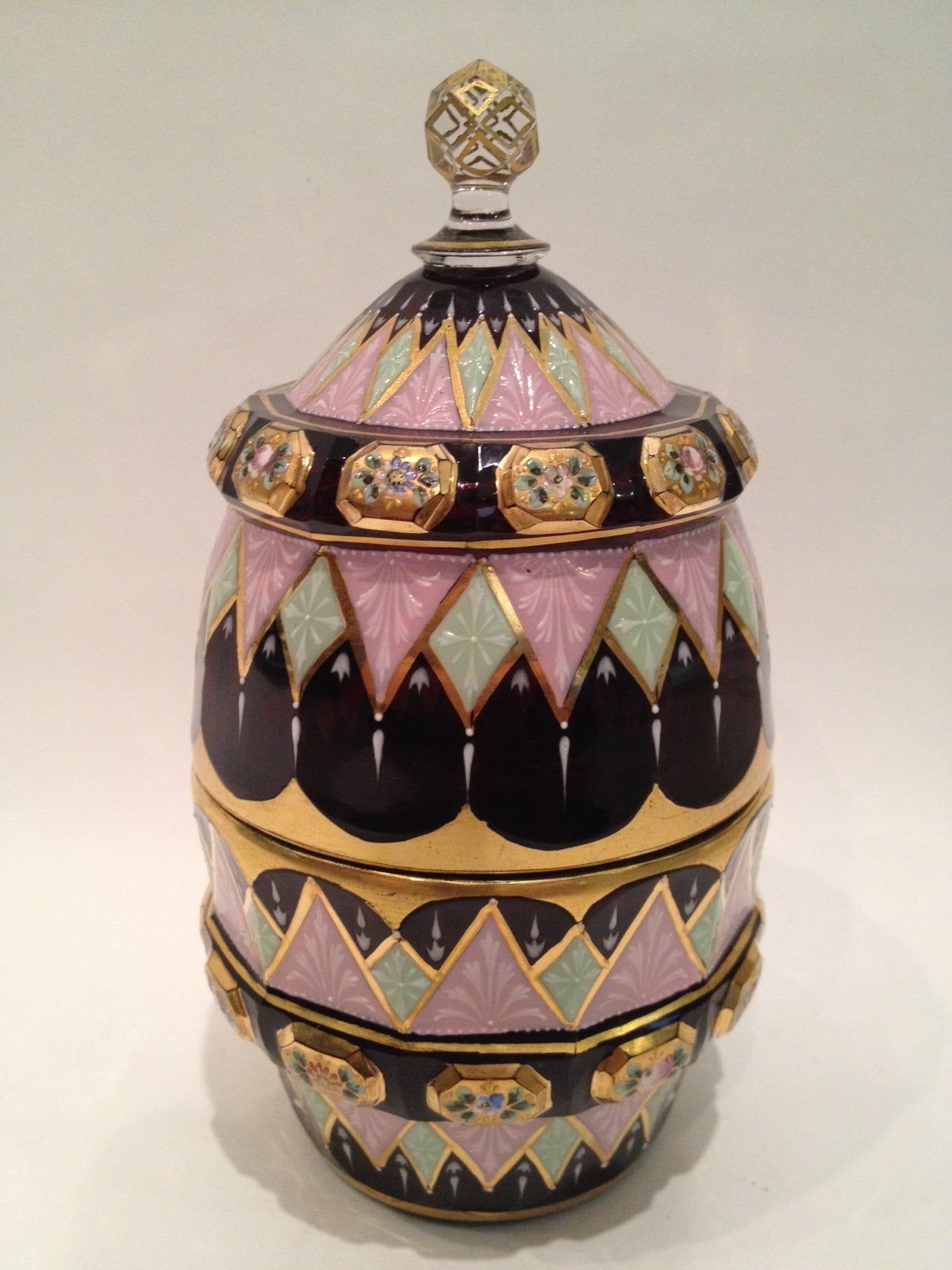 Rare and Unusual Enameled Ruby Glass Jar Possibly Moser ca. 1900
