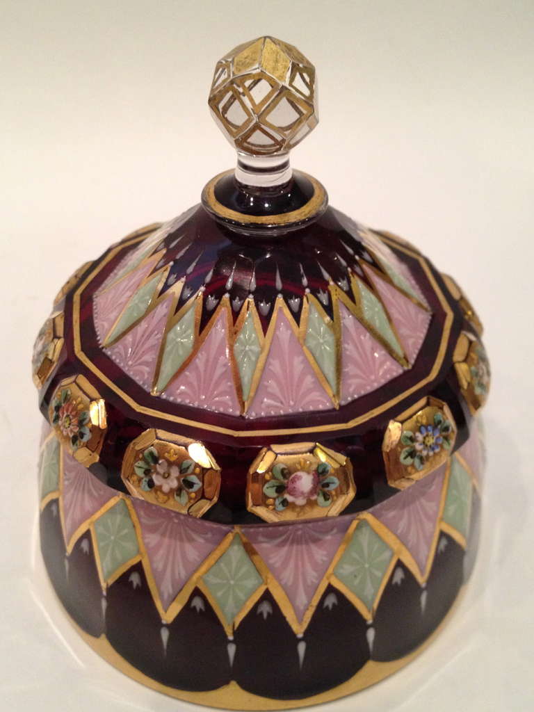 Austrian Rare and Unusual Enameled Ruby Glass Jar Possibly Moser ca. 1900