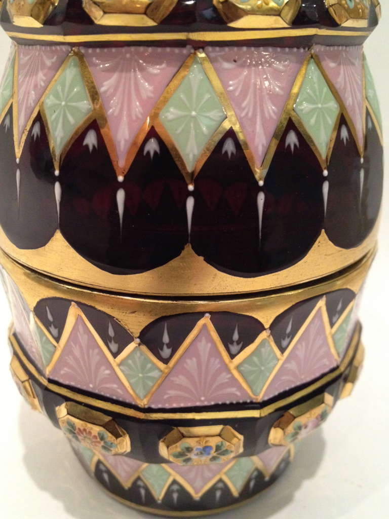 Rare and Unusual Enameled Ruby Glass Jar Possibly Moser ca. 1900 1