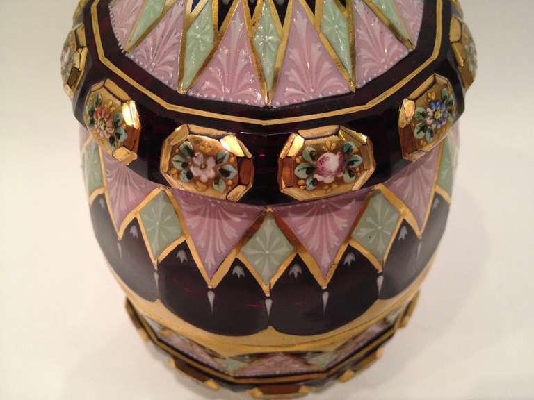 Rare and Unusual Enameled Ruby Glass Jar Possibly Moser ca. 1900 2