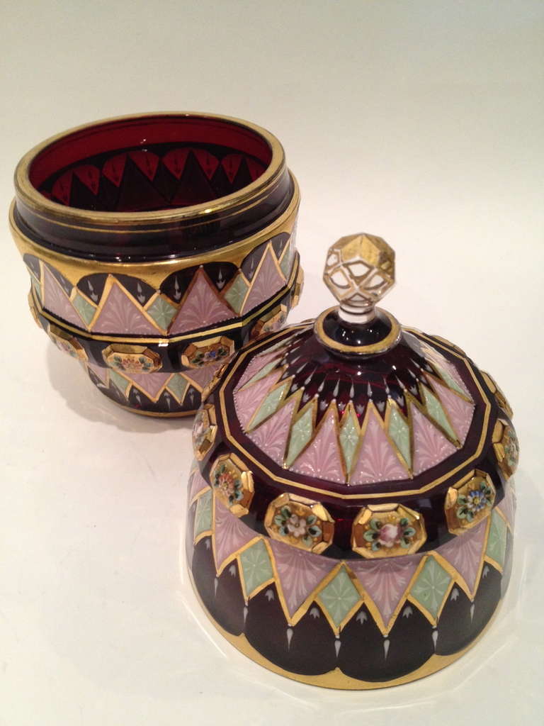 20th Century Rare and Unusual Enameled Ruby Glass Jar Possibly Moser ca. 1900
