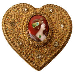 Antique French Gilt Ring Box Mounted with Paste Jewels and an Enamel Plaque circa 1920