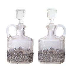 Fine Pair of German 800. Silver Mounted Etched Glass Decanters circa 1900