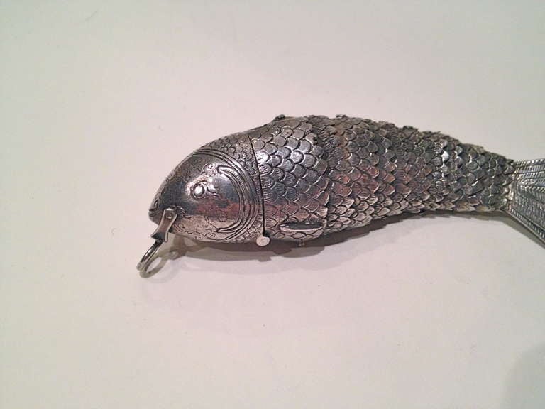 Sterling Silver Very Fine Articulated Fish Form Scent Bottle 19th century