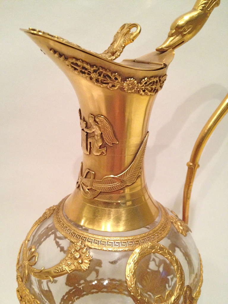 French Empire Style Decanter Gilt Brass and Crystal c. 1940s