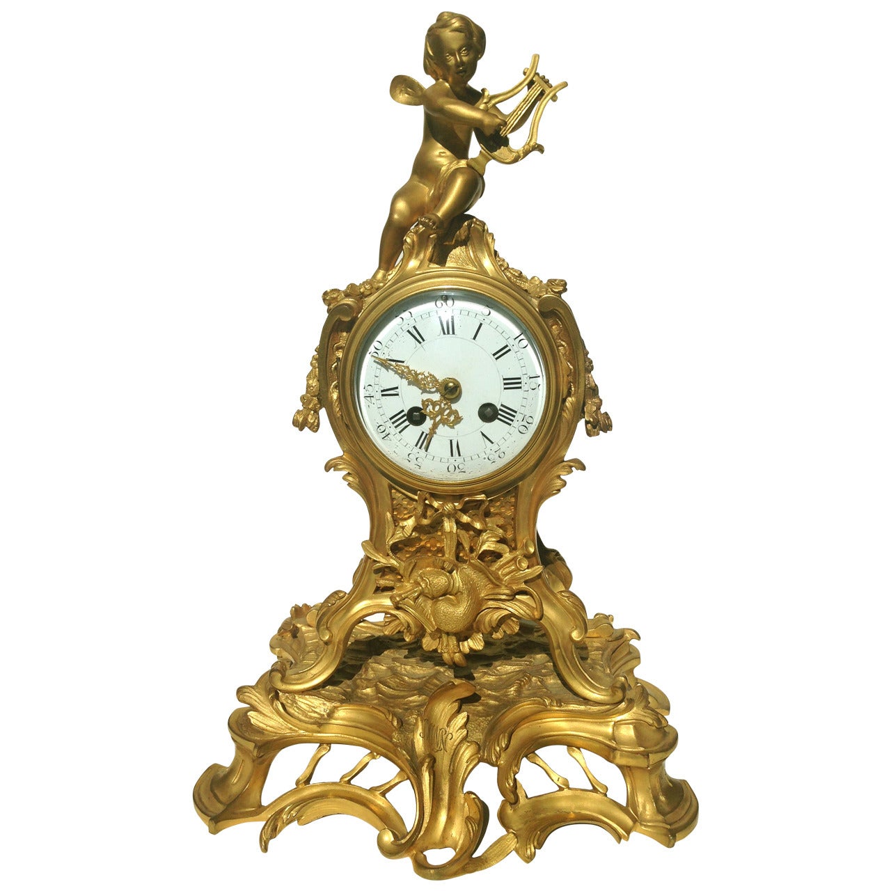 French 19th Century Gilt Bronze Mantel Clock Musical Putti Surmounted For Sale