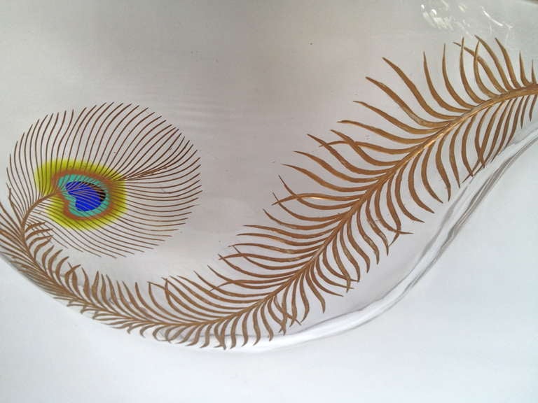 Art Nouveau Rare Moser Glass Four Color Marquetry Plate with Peacock Feather c. 1900