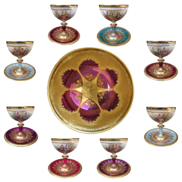 12 Lamm Dresden Compotes Painted and Gilded with Iridescent Glaze c.1900