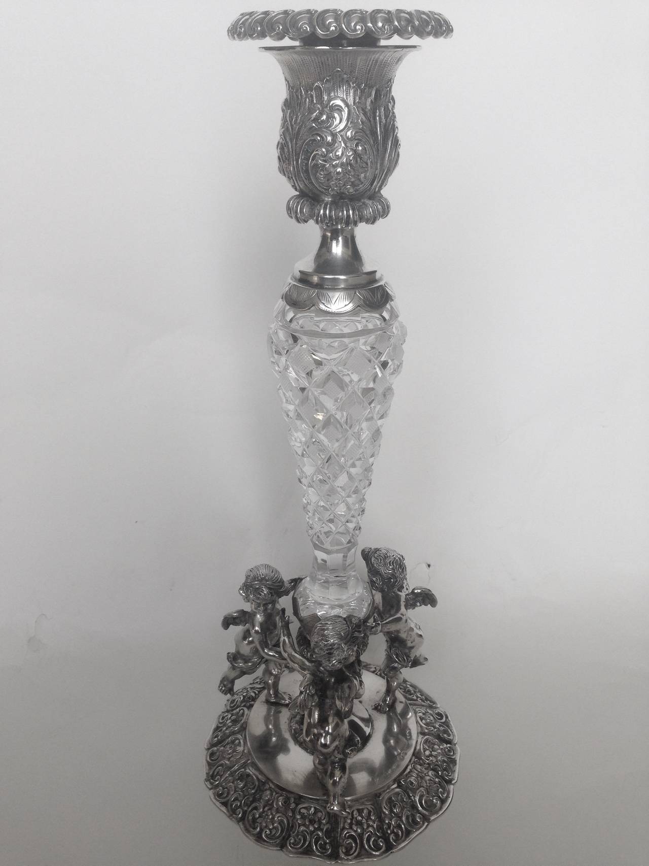 Rare Set of Four German Silver and Crystal Candlesticks, 19th Century 2