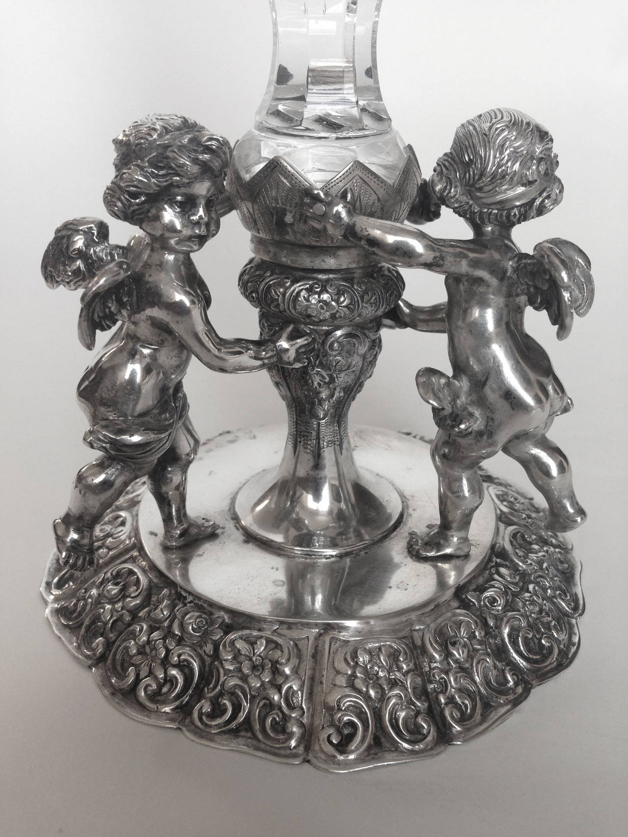 Cast Rare Set of Four German Silver and Crystal Candlesticks, 19th Century