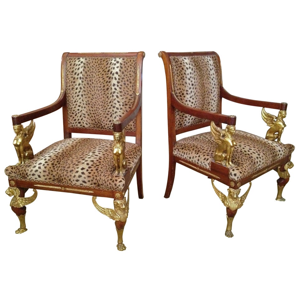 French 19th Century Pair of Gilt Bronze Mounted Empire Style "Thrones" or Chairs