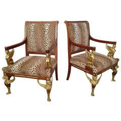 French 19th Century Pair of Gilt Bronze Mounted Empire Style "Thrones" or Chairs