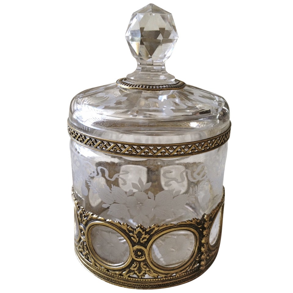 French Etched Crystal and Gilt Bronze Vanity Container c.1920s For Sale