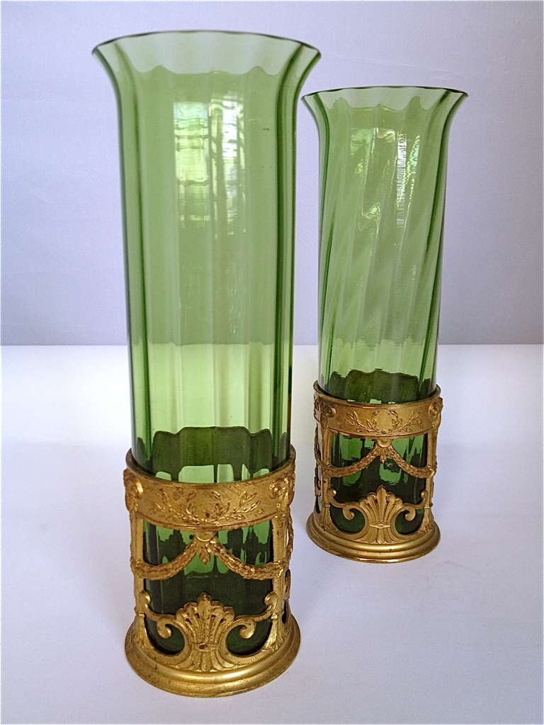 French Gilt Bronze and Green Glass Vases c. 1920s