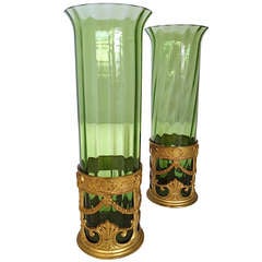 French Gilt Bronze and Green Glass Vases c. 1920s