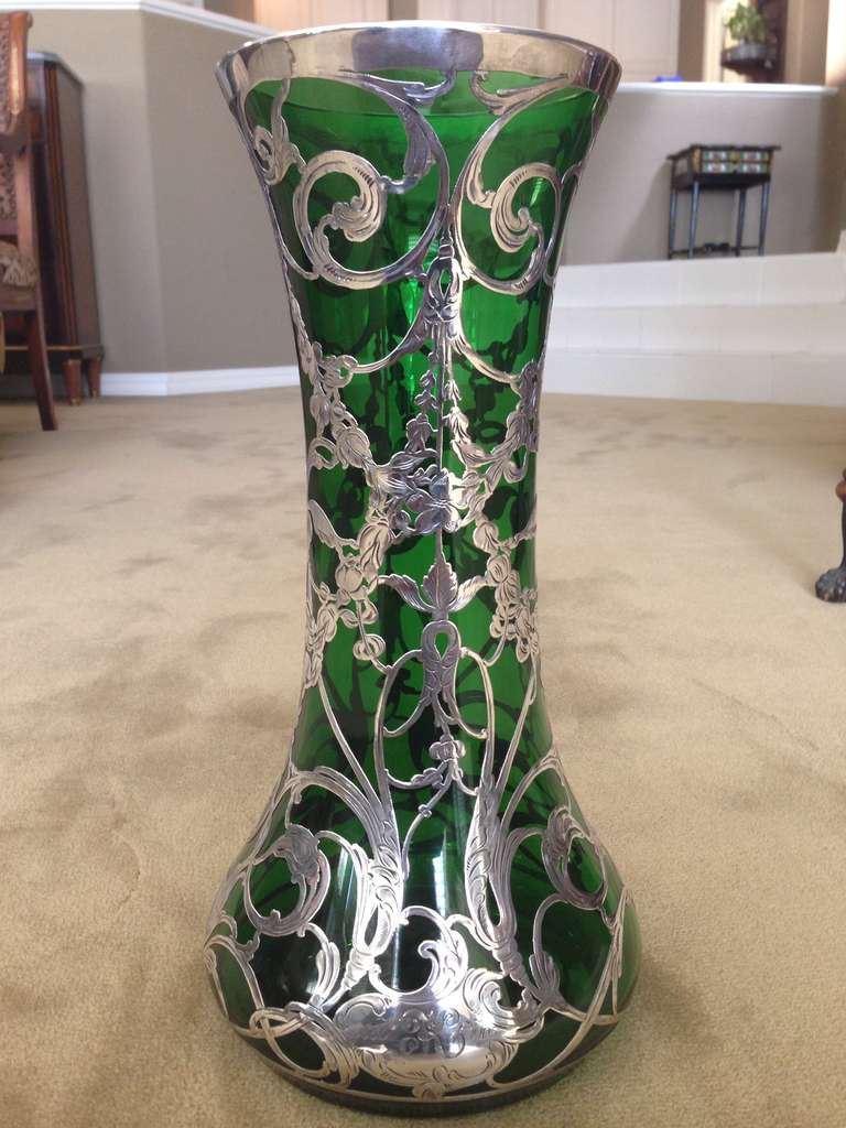 Large and Fine Emerald Green Sterling Overlay Vase, circa 1900