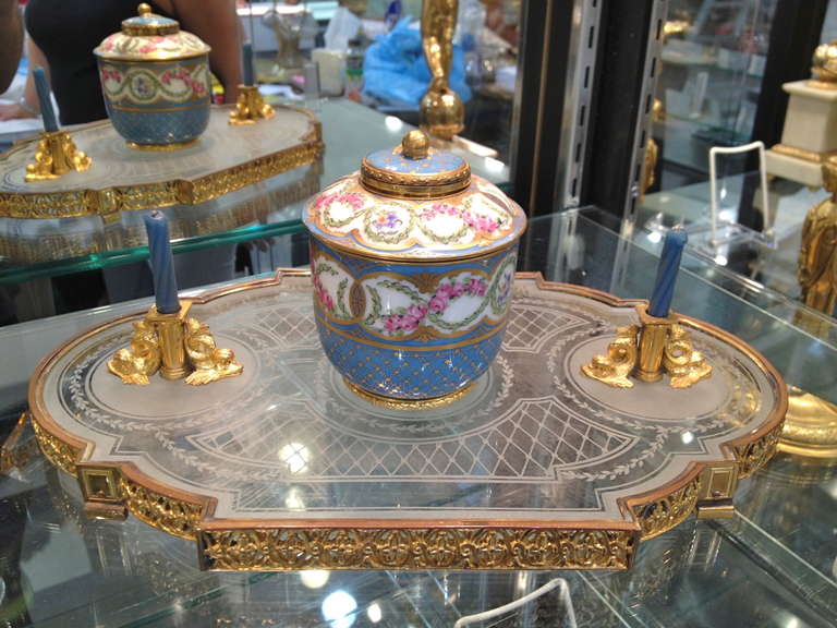 Fantastic 19thc. Sevres Style Inkwell on Etched Crystal Stand