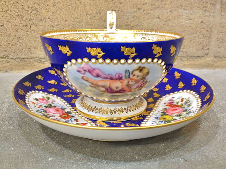 French Fantastic Oversized Sevres Cabinet Cup and Saucer c. 1870 Beatifully Painted 