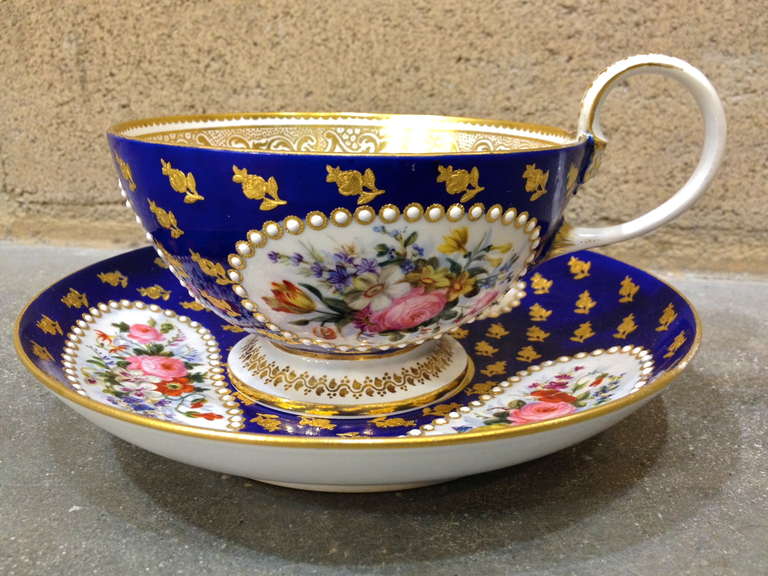 A simply beautiful large Sevres cabinet cup and saucer c.1870.
Has a museum Quailty restoration which should not deter. It is rare to fine one of these, and with a piece of this nature and age it is 
Completely acceptable to tolerate a fine