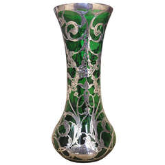Large and Fine Emerald Green Sterling Overlay Vase, circa 1900