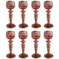 Antique Set of Eight Meyr's Neffe Enameled Cranberry Glass Wine Stems c 1900