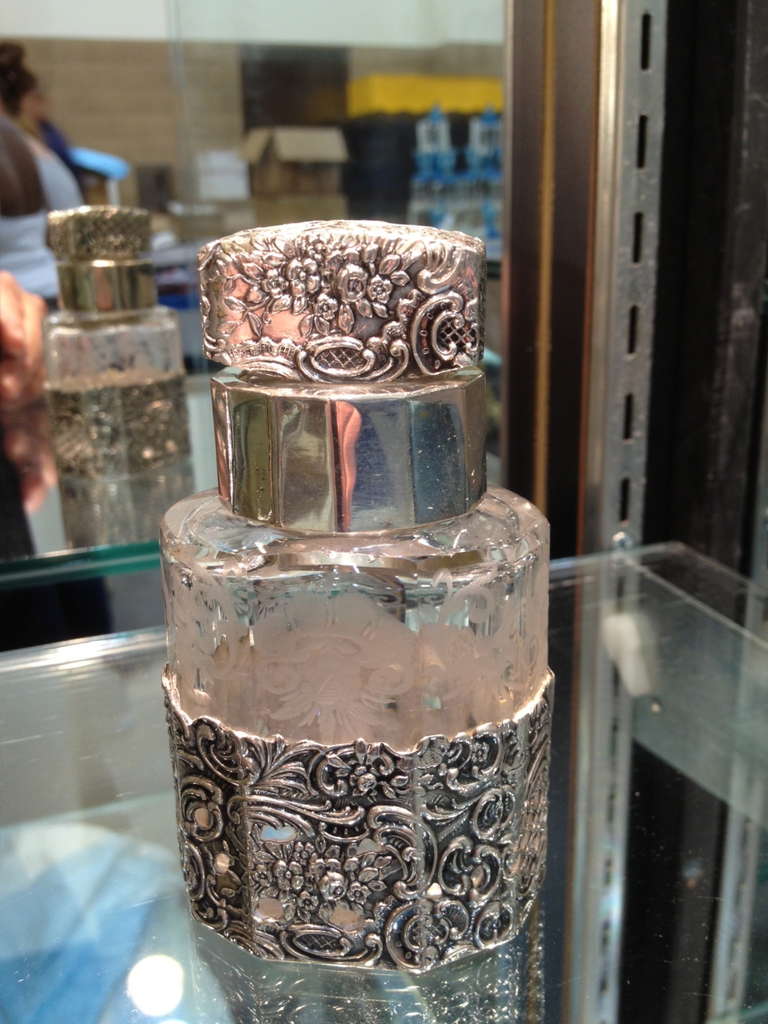 German 800 Silver Table Jar with Fancy Etched Glass Decoration Circa 1900