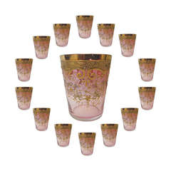 Twelve Rare Moser Shot Glasses, Cranberry to Clear Raised Gold Gilt, circa 1900