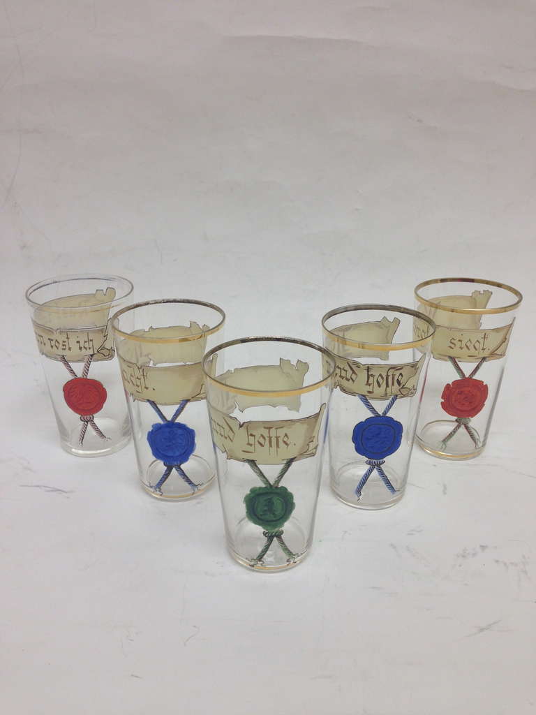 Fabulous set of five tumblers with gilt and enamel decoration. These are rare and in fine condition.