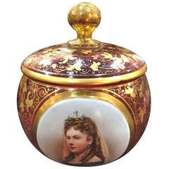 Antique Bohemian Cranberry Glass Dresser Jar with Portrait c. 1900