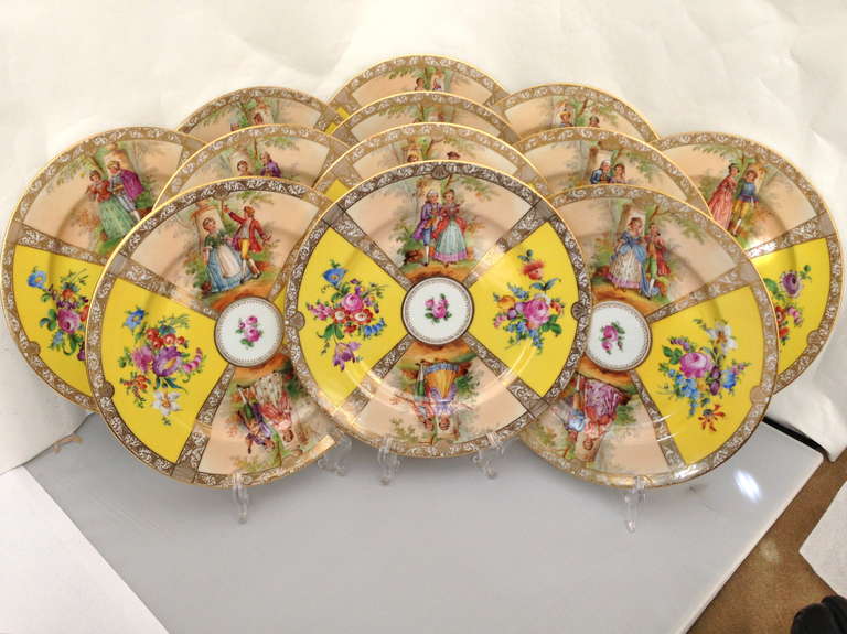 A beautiful set of service with very hard to find yellow ground glaze. Expert Handpainting and gilding all the scenes are different. The plate blanks are hand thrown. The coloration of 
the polychrome enamels is fantastic, and is a part of the Lamm