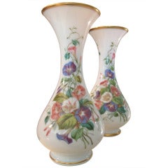A Fine Pair of French Painted Opaline Glass Vases Possibly Baccarat 19th c.