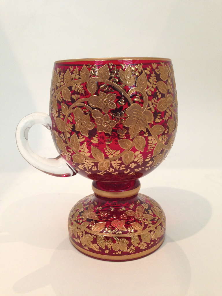 Amazing Pair of Moser Ruby Ex Large "Tea Cups" Heavy Raised Gilding c.1900
