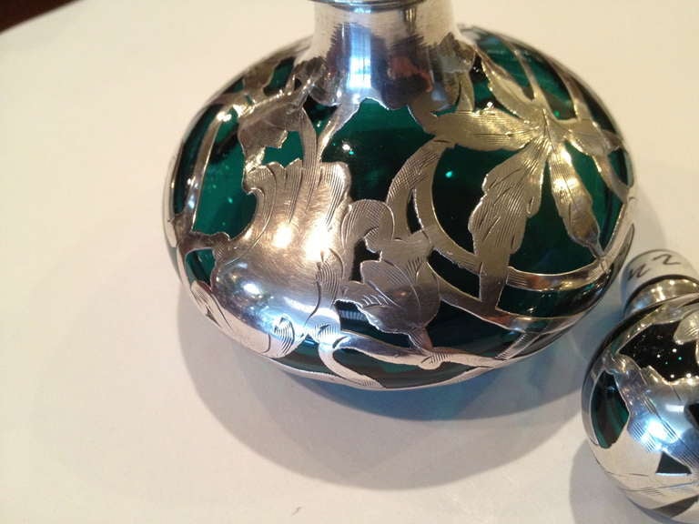 20th Century American Art Nouveau Silver Overlay on Green Glass Perfume c.1900