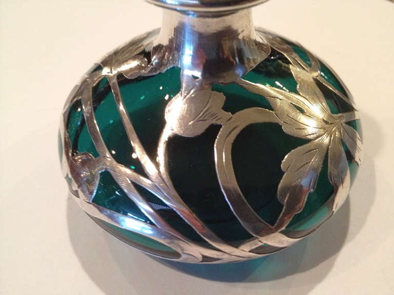 American Art Nouveau Silver Overlay on Green Glass Perfume c.1900 1