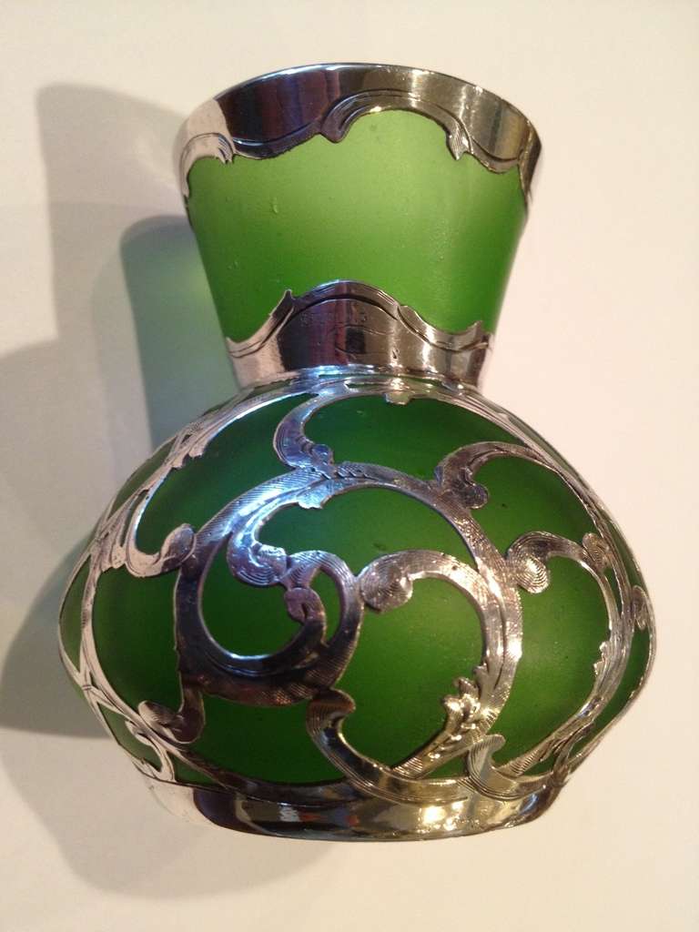 Art Nouveau Austrian Loetz Art Glass Silver Overlay w/Green Satin Glass c.1900