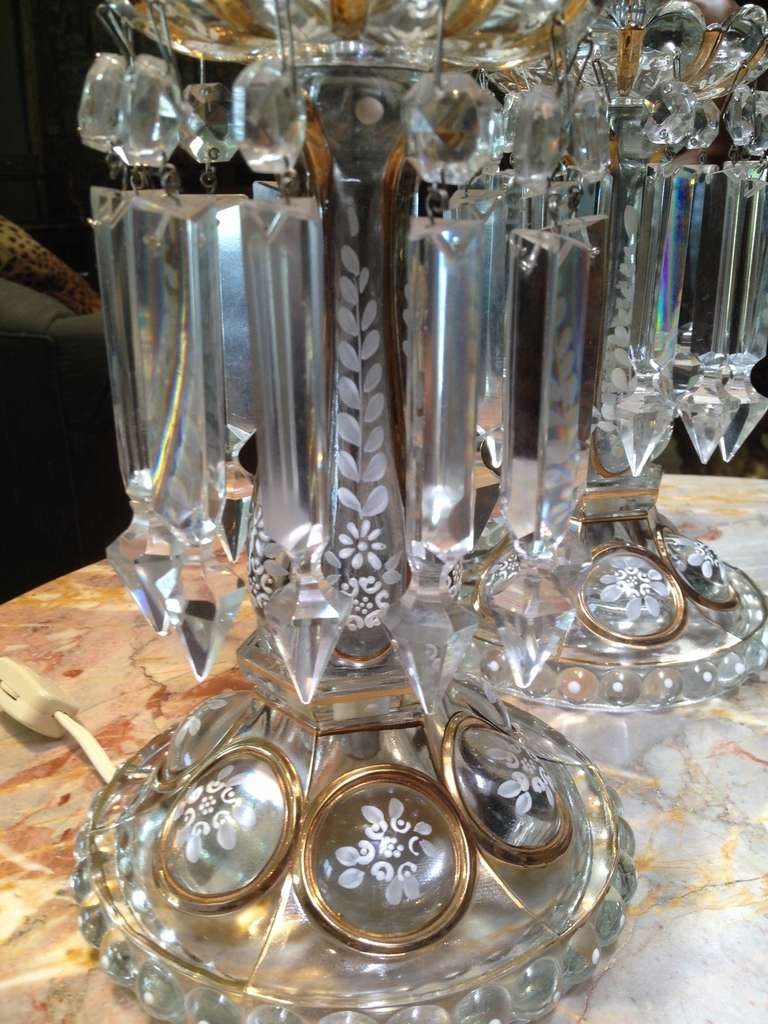French Lovely Baccarat Clear Glass Luster Candelabra Lamps c1900