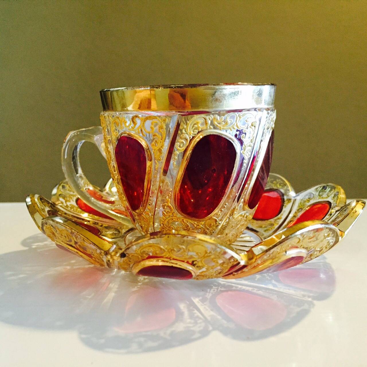 Austrian  Five Exceptional Moser Glass Cups and Saucers Two Colors circa 1900