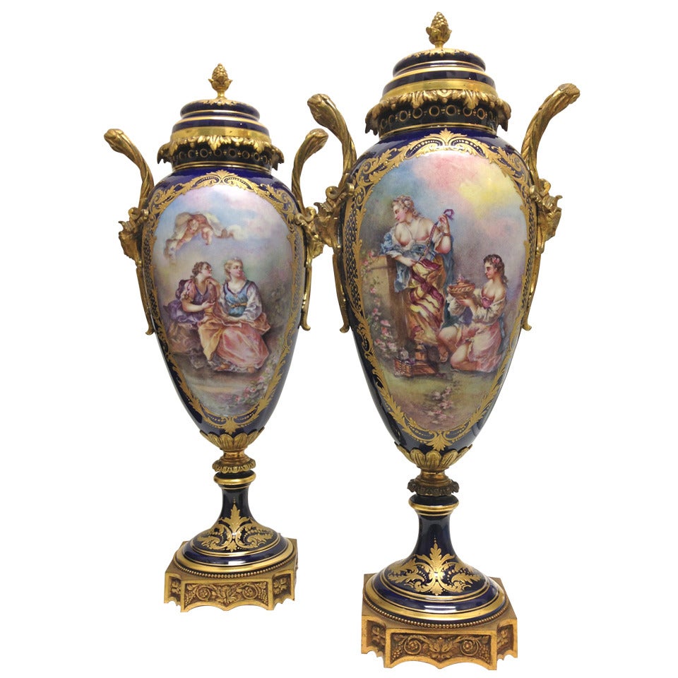 Sevres Style Colbolt Ground Mantle Urns Gilt Bronze Mounts c. 1900